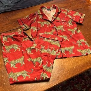 Katie Kime Pajama Set Red Print Short Sleeve Pant Set Sleepwear Sz L